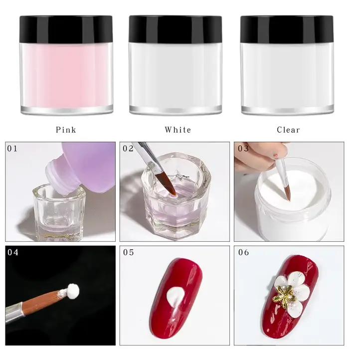 Poudre à ongles acrylique transparente/rose/blanc, 3 couleurs, poudre polymère cristal sculptée, ver
