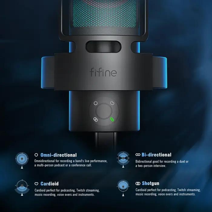 FIFINE-Ampligame A8 PLUS USB MIC avec abonnés, RVB allable, 3 capsules, 4 motifs polaires, cadrans d