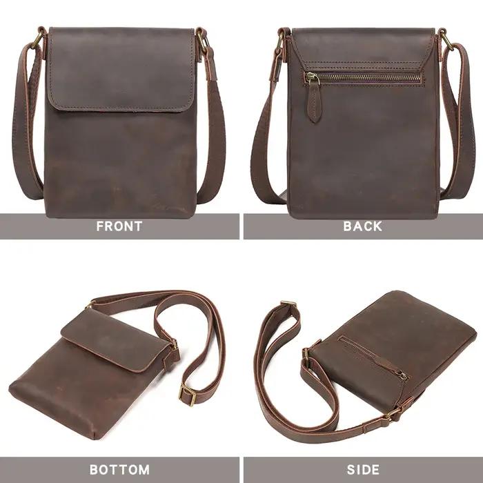 Sac à bandoulière en cuir Crazy Horse, sac à bandoulière à capuche, rétro décontracté pour les voyag
