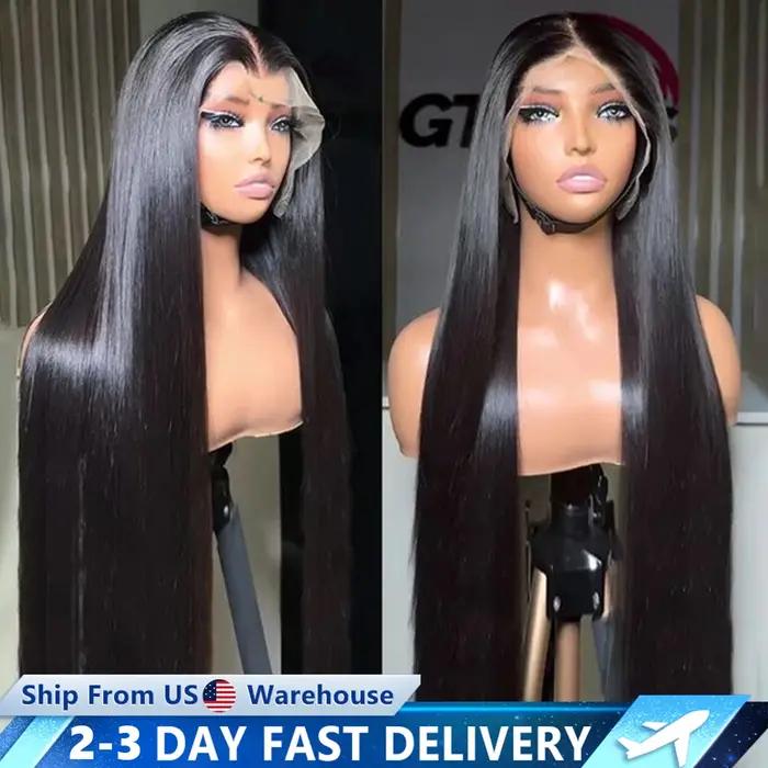 Perruque Lace Frontal Wig 360 transparente, cheveux naturels lisses, 4x4, 13x4, 13x6, 30 32 34 pouce