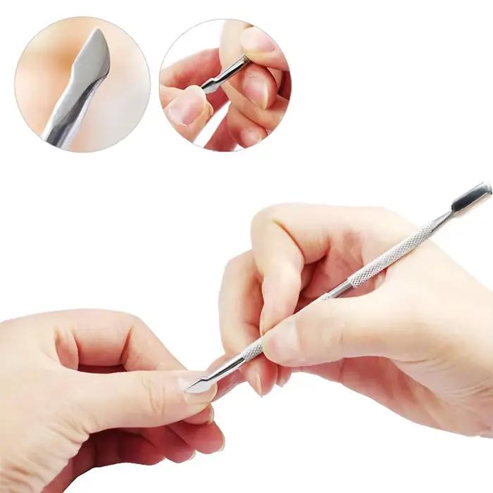 Dissolvant de cuticules en acier inoxydable, Double face, doigt, peau morte, poussoir de cuticules,