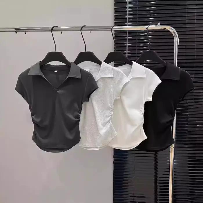 Coton été Sexy femmes t-shirt maigre mince basique solide haut court à manches courtes Polo t-shirt