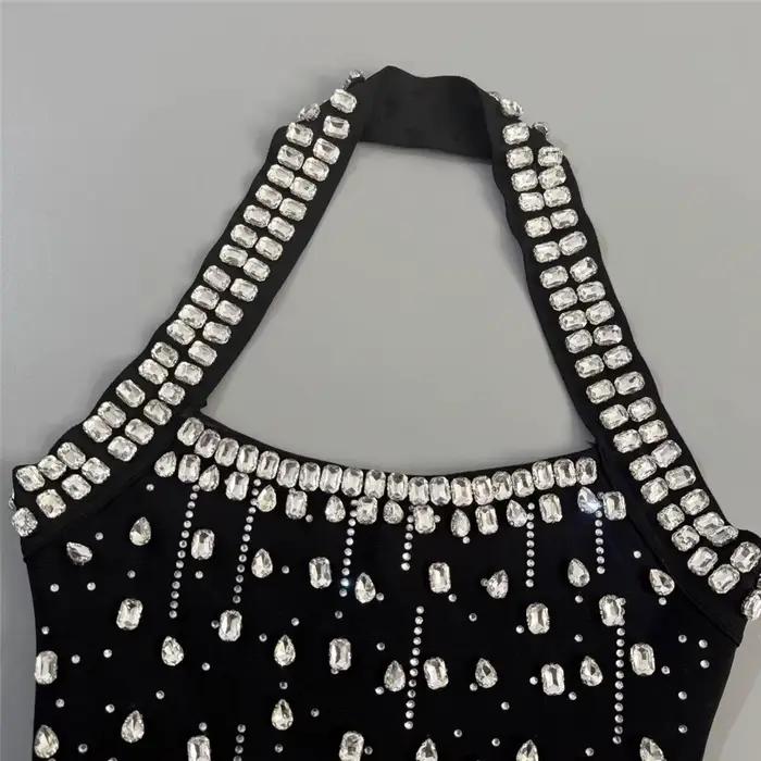 Robe de soirée mini pour femme, style halter, ornée de strass et de diamants, idéale pour les clubs
