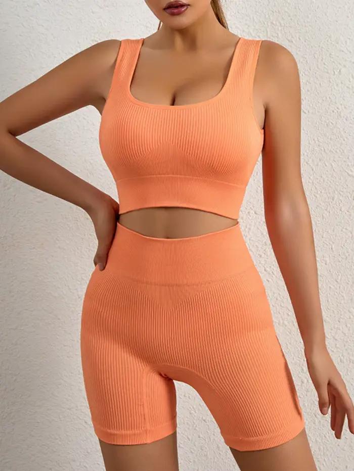 Ensemble de Sport de Yoga côtelé pour femmes, haut court sans couture, soutien-gorge et short, confo