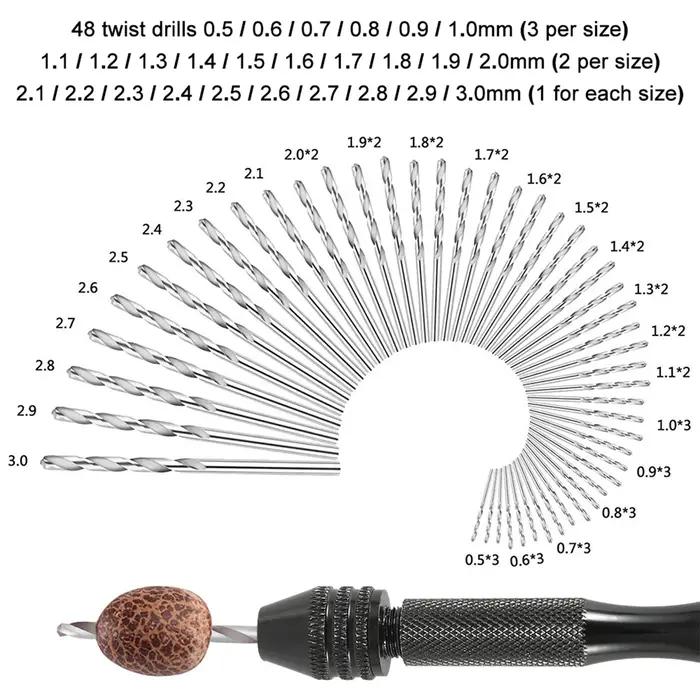 49 pièces 0.2-3.4mm ensemble de perceuse à main Mini foret à main en aluminium bijoux artisanat perc