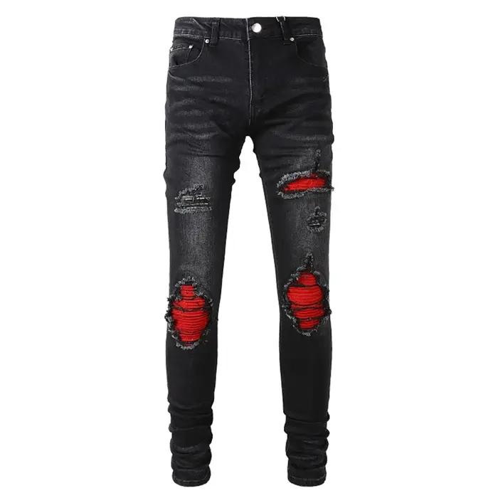 Jean de motard plissé rouge craquelé pour hommes, Streetwear, pantalon en Denim extensible, slim, ef
