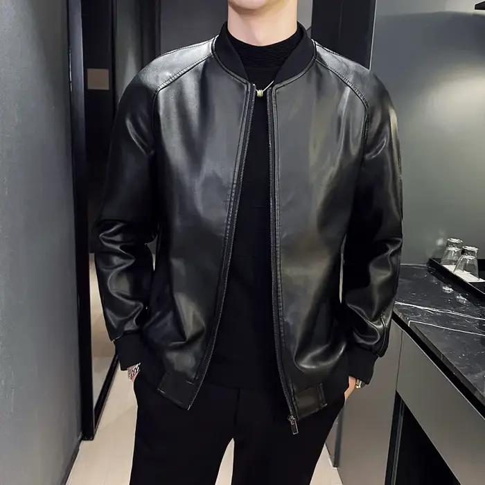 Nouvelle veste en similicuir pour homme, style motard, col montant, fermeture éclair, coupe ajustée,