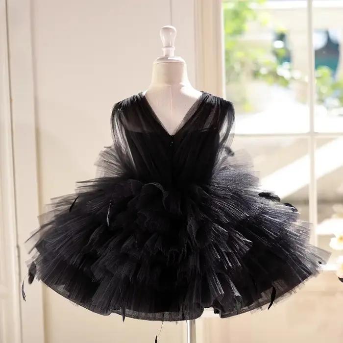 Robe de princesse noire pour filles, tenue de performance au piano, robe de soirée, tenue de cérémon