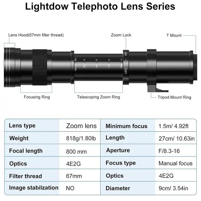 Lightdow 420-800mm F8.3-F16 Super téléobjectif à Zoom manuel avec anneau de montage en T pour object