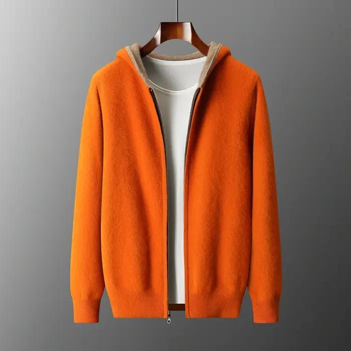 Épais à capuche hommes fermetures éclair Pure laine pull Cardigan automne hiver 100% laine tricots D