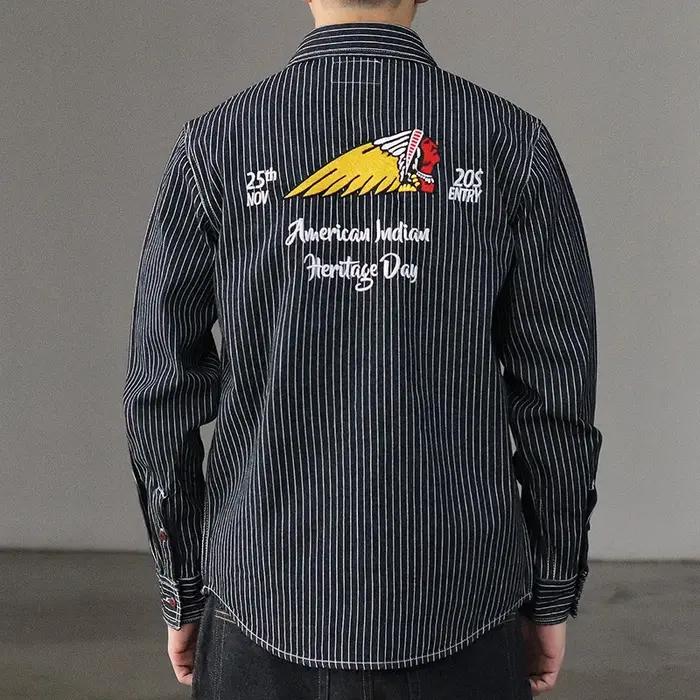 Chemise à rayures en Denim pour hommes, rétro américain, poids lourd, broderie Cargo, mode masculine