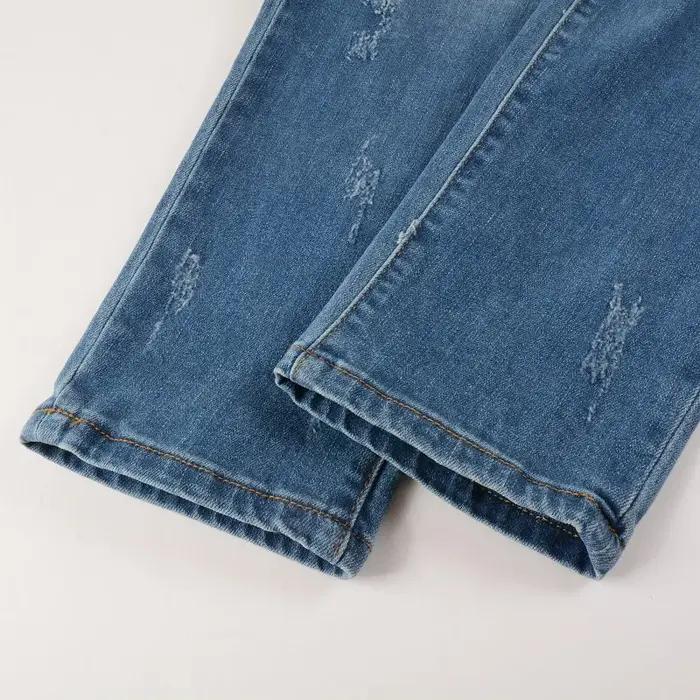 Jean de motard en Denim Stretch pour hommes, pantalon déchiré classique, bleu plissé, Patchwork, Str