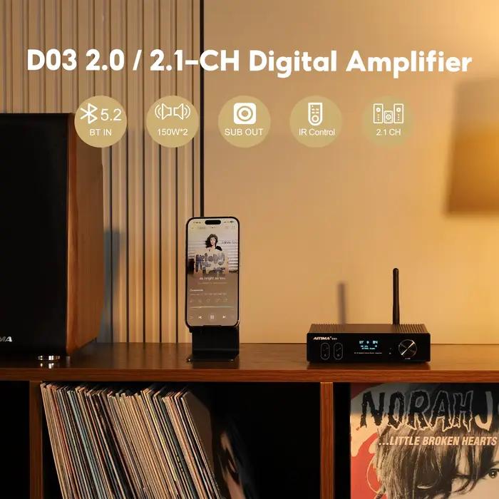 Amplificateur Bluetooth AIYIMA D03 150Wx2 Stéréo HiFi Amplificateur de son Subwoofer USB DAC OLED AP