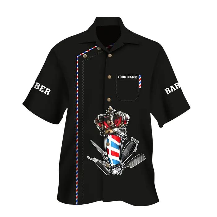 Chemise hawaïenne personnalisée pour hommes, nom d'été décontracté, barbier imprimé en 3D, manches c