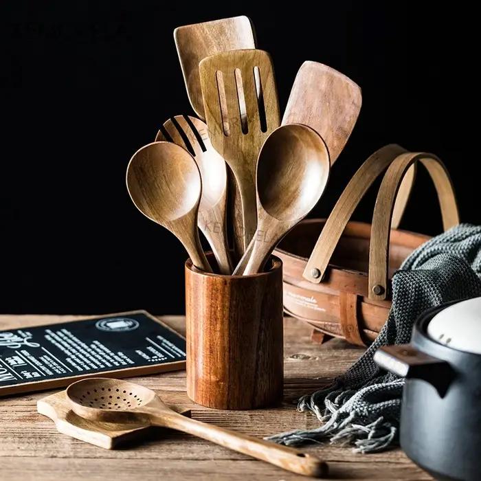 Cuillères en bois pour la cuisine, ustensiles en bois pour la cuisine avec porte-ustensiles, ensembl