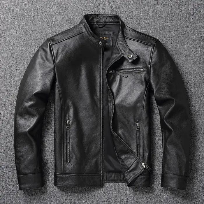 Veste en cuir de vachette de haute qualité, manteau à col montant, couche supérieure, mince, décontr