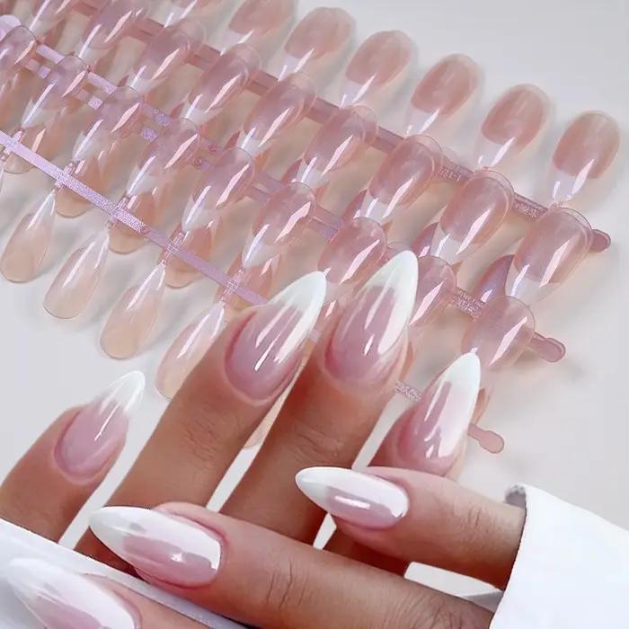 120 pièces français nacré faux ongles court amande couverture complète presse sur ongles blanc bord