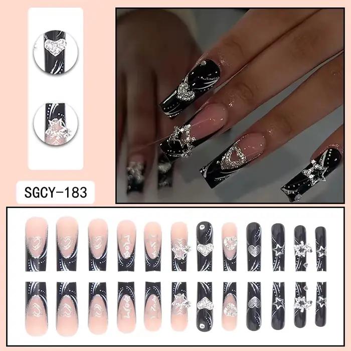 Ensemble de 24 pointes d'ongles français noires de forme rectangulaire, à la mode, avec paillettes e