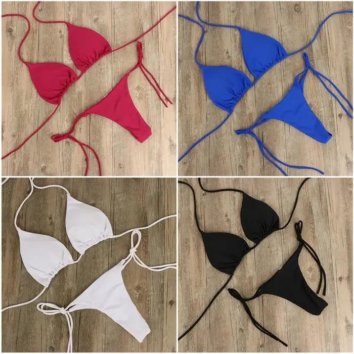 Maillot de bain à lacets pour femmes, couleur unie, Style col suspendu, Triangle réglable, Sexy, pla