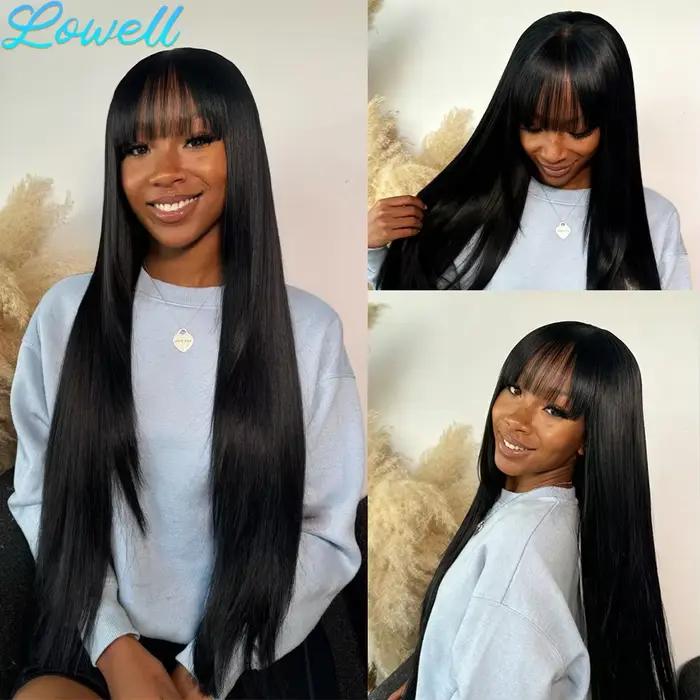 Perruque en cheveux humains lisses avec frange, densité 220, 30 pouces, brésilienne, perruques en de