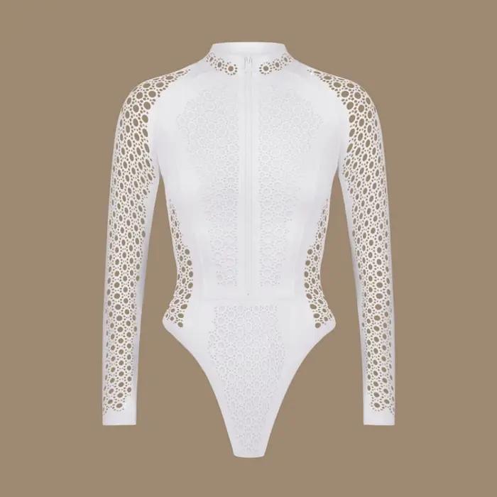 MUl'hyaffiliés-Maillot de bain blanc à manches longues pour femme, ensemble une pièce sexy, avec fer