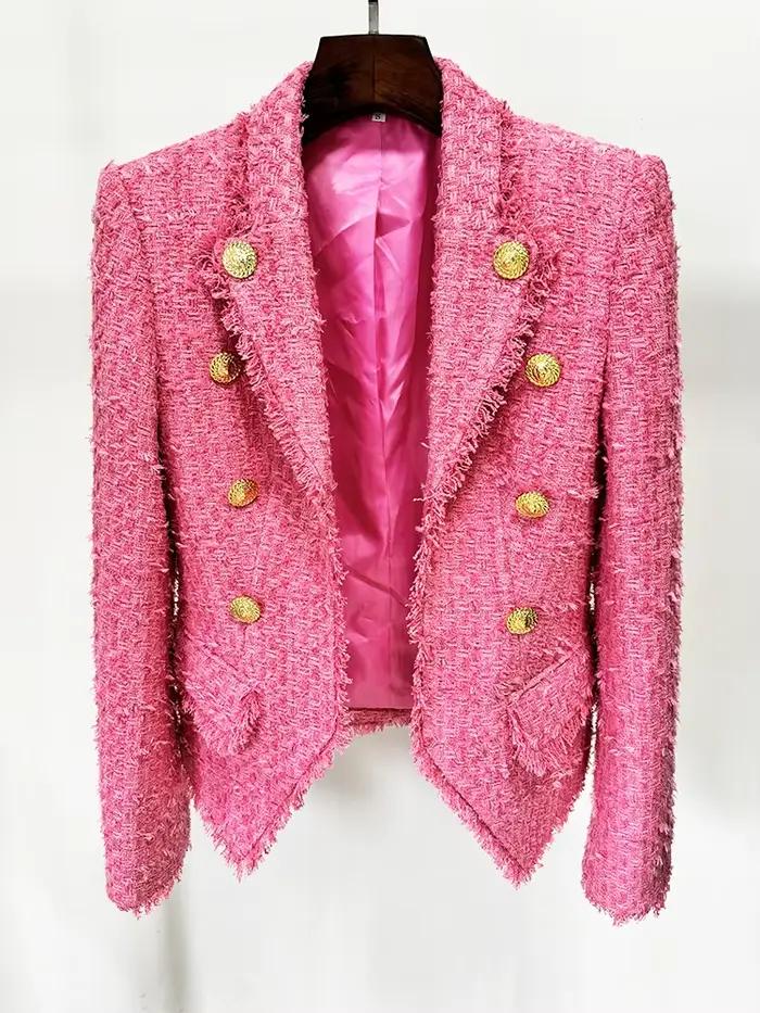 HIGH STREET Nouveauté 2026 FW Blazer en tweed pour femme, coupe ajustée, à franges et pompons, de cr