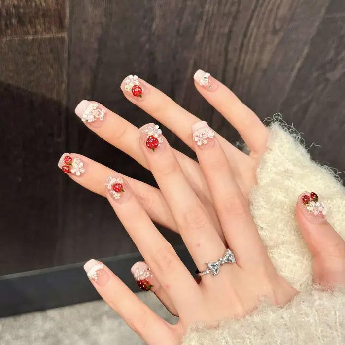 10 pièces mignon rouge fraise presse sur ongles rose nœuds papillon fleur perle décor français à la