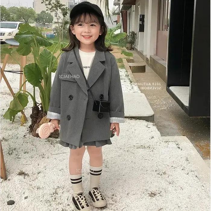 Costume pour bébés filles et garçons gris britannique mode vêtements pour enfants printemps automne double boutonnage hauts manteaux vestes