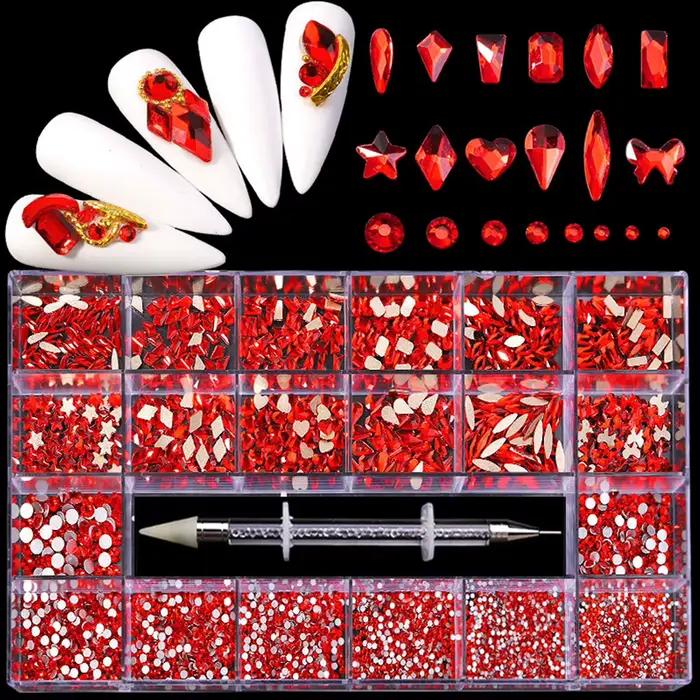 Boîte à strass à 21 grilles, mélange de diamants pour ongles, verre plat en forme de diamant, bricol