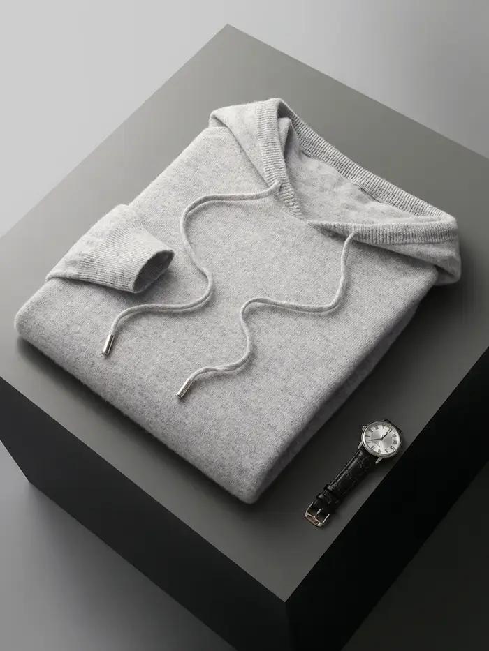 Costume deux pièces en laine mérinos pour hommes, pull tricoté à col à capuche et pantalon à jambes