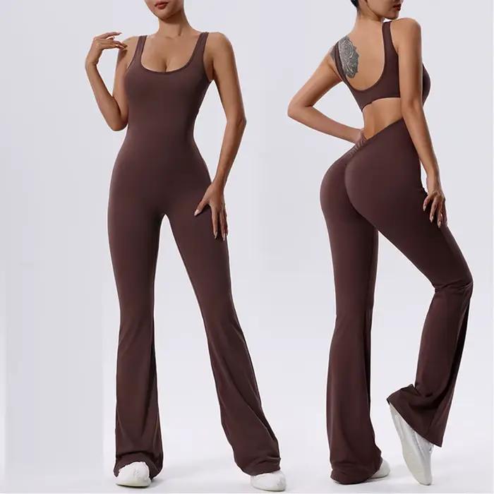 Combinaison de sport une pièce pour femme, dos en V froissé, pantalon évasé imbibé, barboteuses de f