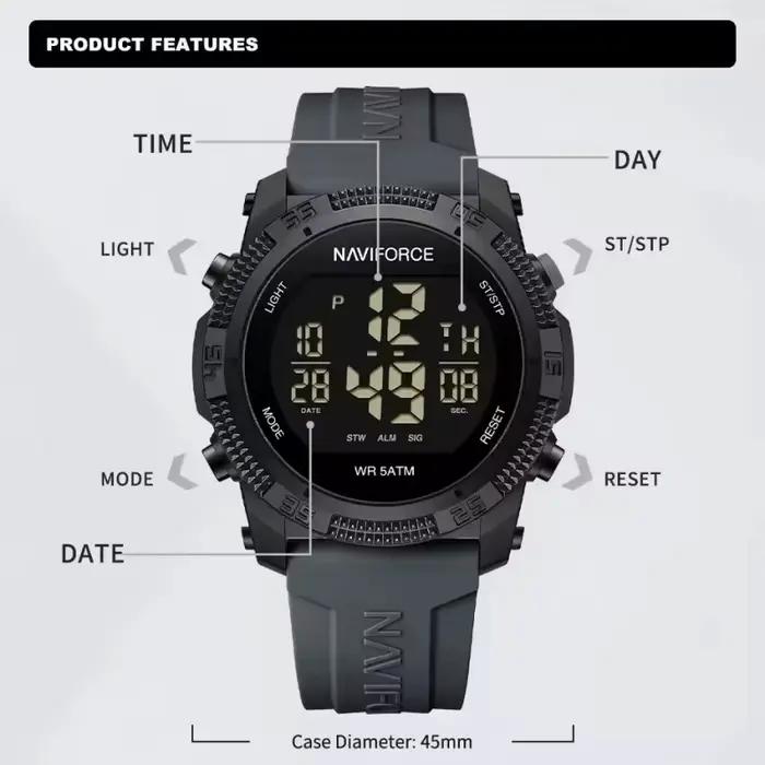 NAVIFORCE 7104 sport hommes LCD numérique loisirs Date semaine réveil étanche bracelet en Silicone m