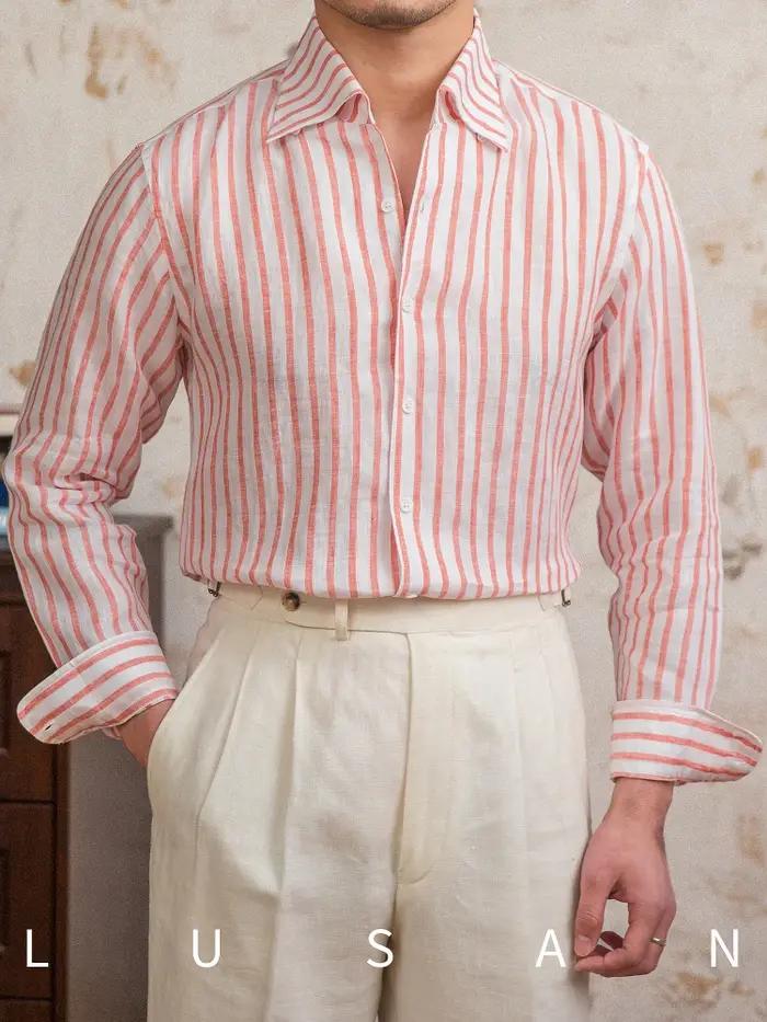Chemise d'été 100 lin à manches longues et col une pièce rayé, légère et respirante, chemise d'extér