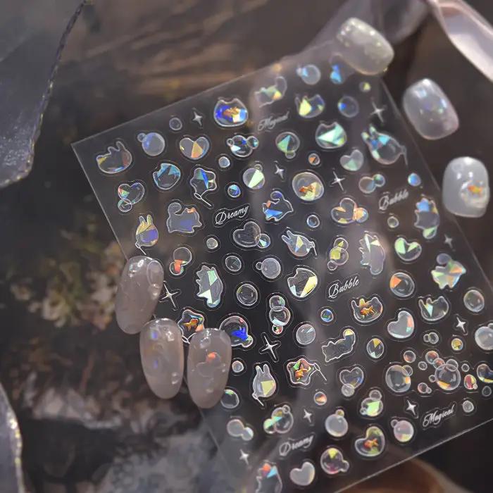 Autocollants de décoration d'ongles à bulles souffantes brillantes, coquille 5D légère, amour chat,