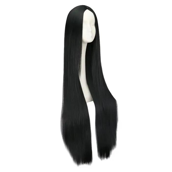 Perruque Synthétique Longue Noire de 100cm/40 ans, Cheveux Lisses, Degré de Chaleur, Costume de Carn
