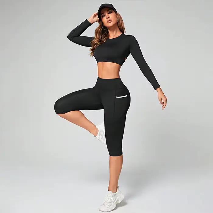 Leggings capri femme taille haute avec poches - Pantalon de yoga contrôle ventre entraînement fitness