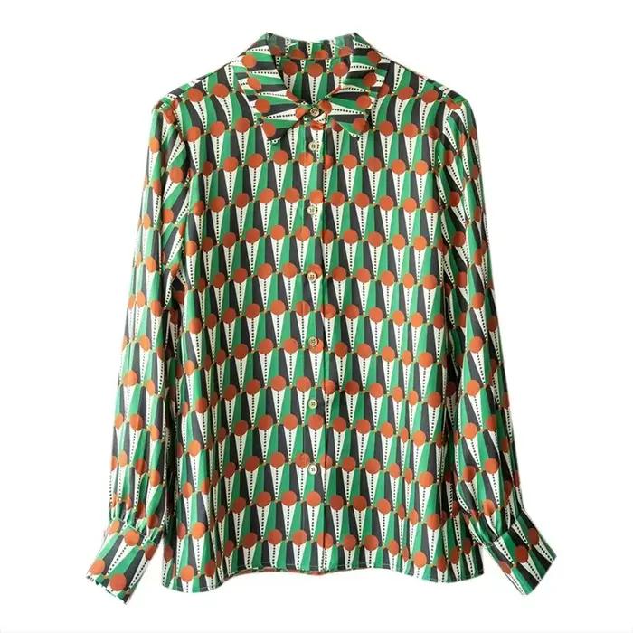 Chemisier en satin pour femme de marque, style Old Money, à manches longues et col à revers, imprimé