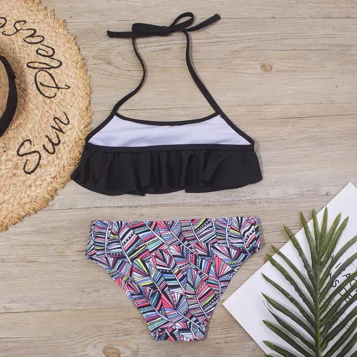 Maillot de bain à volants imprimé pour filles 5-14 ans - Ensemble bikini été bandage plage