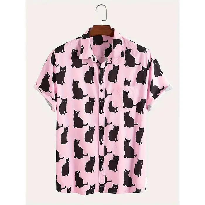 Été mignon chat imprimé chemise hommes décontracté à manches courtes hawaïen décontracté bouton reve