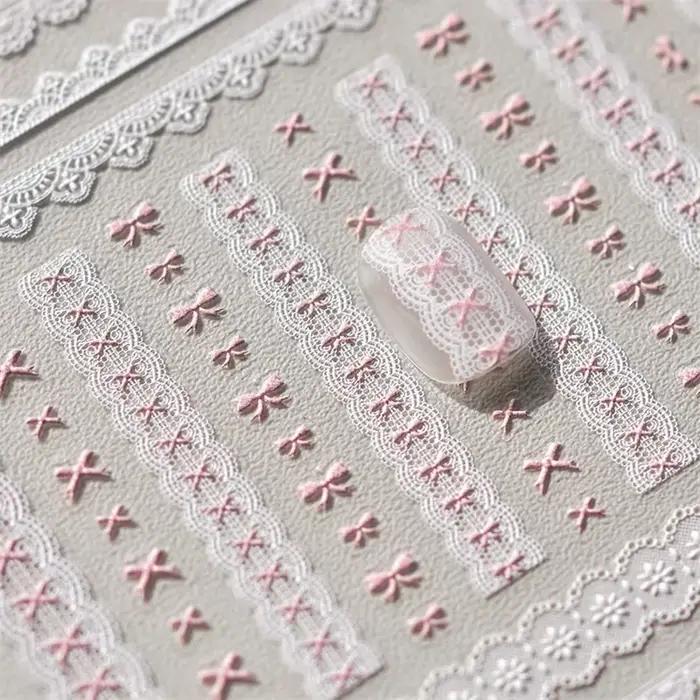 Autocollants en dentelle pour ongles, 1 pièce, motif cœur d'amour, rose, blanc, noir, auto-adhésif,