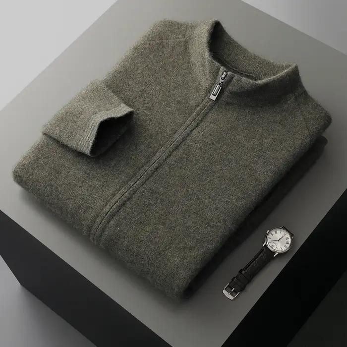 Cardigan en cachemire pur pour hommes, col mi-haut, fermeture éclair, pull décontracté, tempérament,