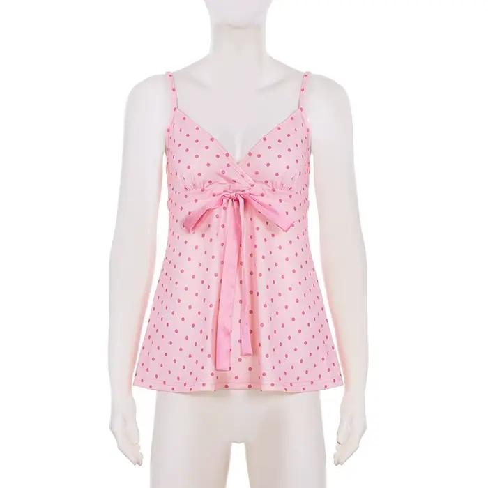 SUCHCUTE Chic doux mignon à pois imprimé nœud à lacets Camisole femmes col en V sans manches haut co