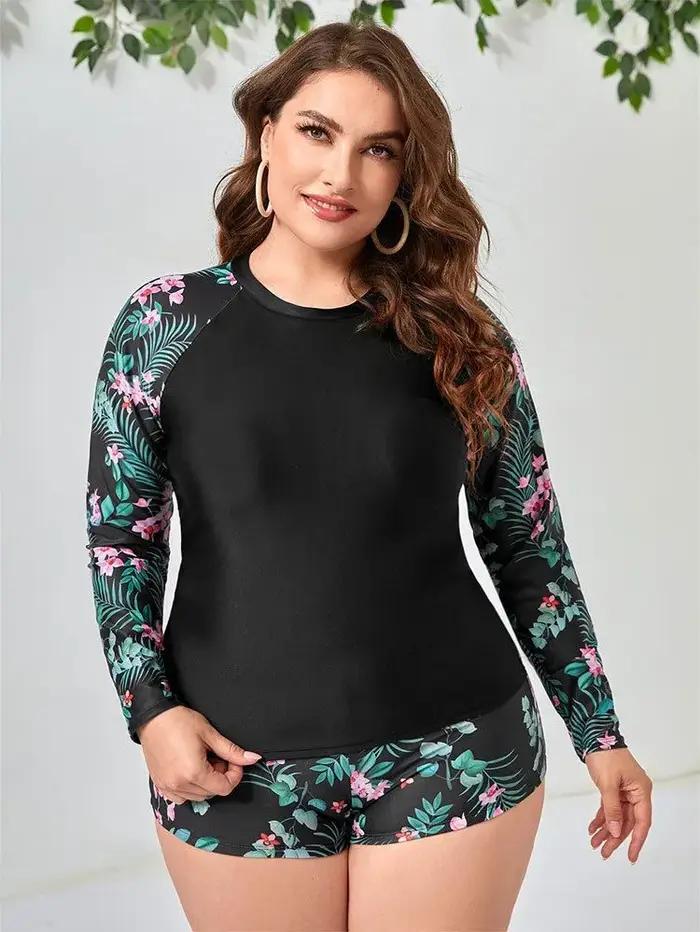 Maillot de bain deux pièces femme grande taille manches longues - Protection solaire été 2024 Tankini