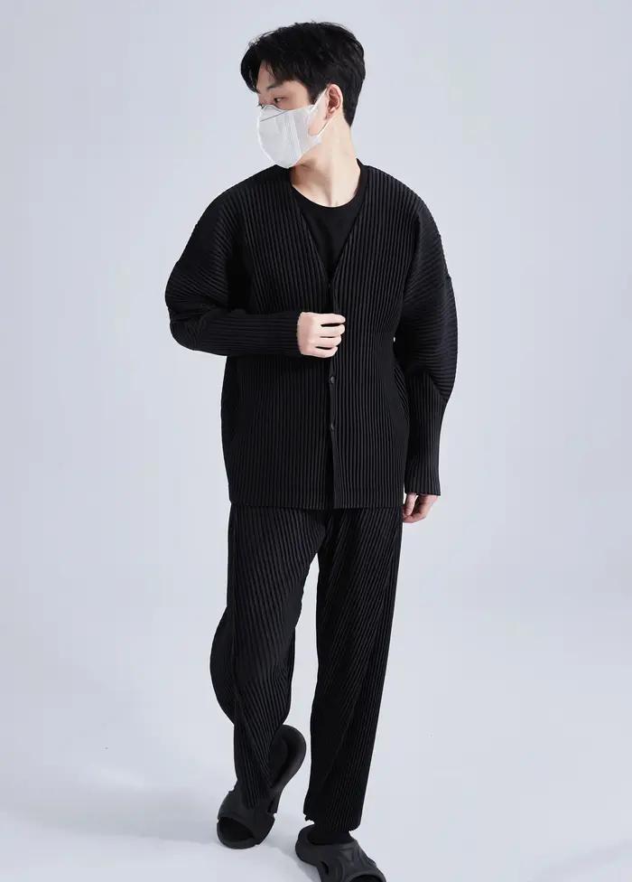 Ata Yake-Veste plissée à col en V pour homme, manteau sans col, simple boutonnage, manches longues,