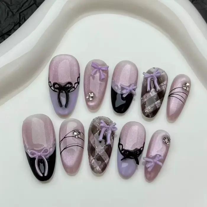10 pièces violet oeil de chat fait à la main faux ongles conseils paillettes mi-longue ovale presse