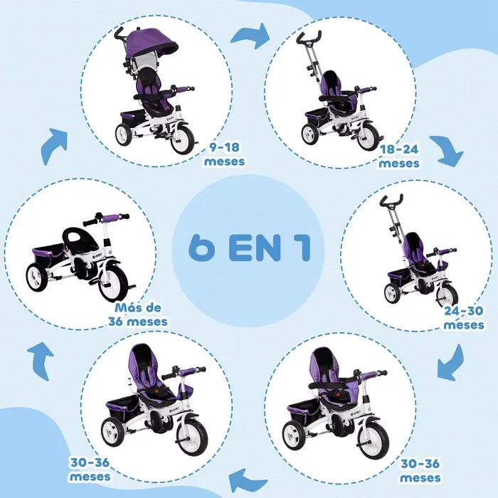 Tricycle évolutif Homcom pour enfants +12 mois avec auvent pliable, poignée télescopique et ceinture