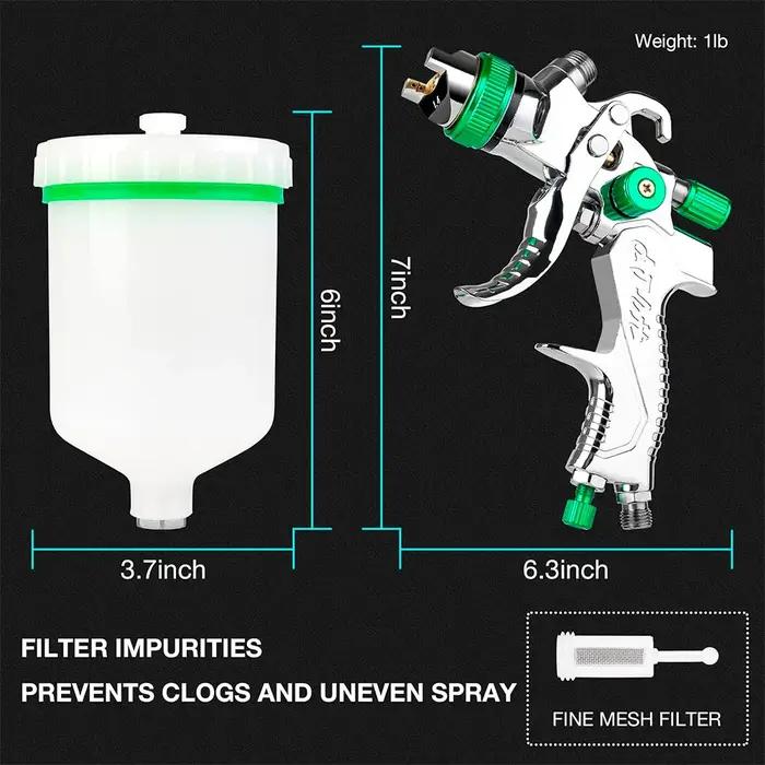 Pistolet pulvérisateur professionnel HVLP 1,4/1,7/2,0/2,5 mm 600 ml avec régulateur de pression, out