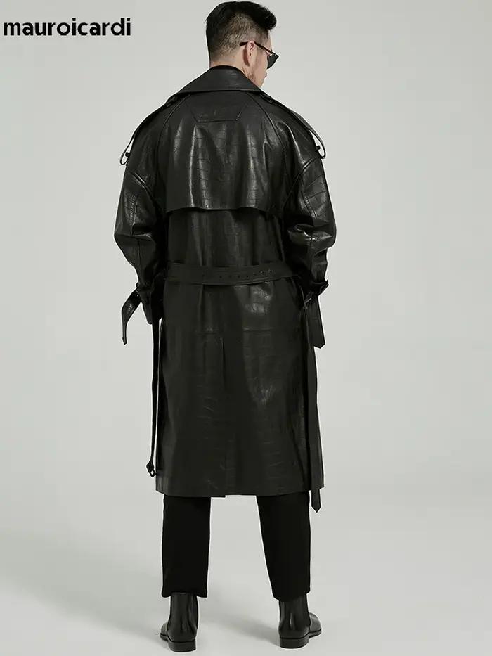 Mauroicardi printemps automne longue noir Crocodile imprimé Pu cuir Trench manteau hommes ceinture D
