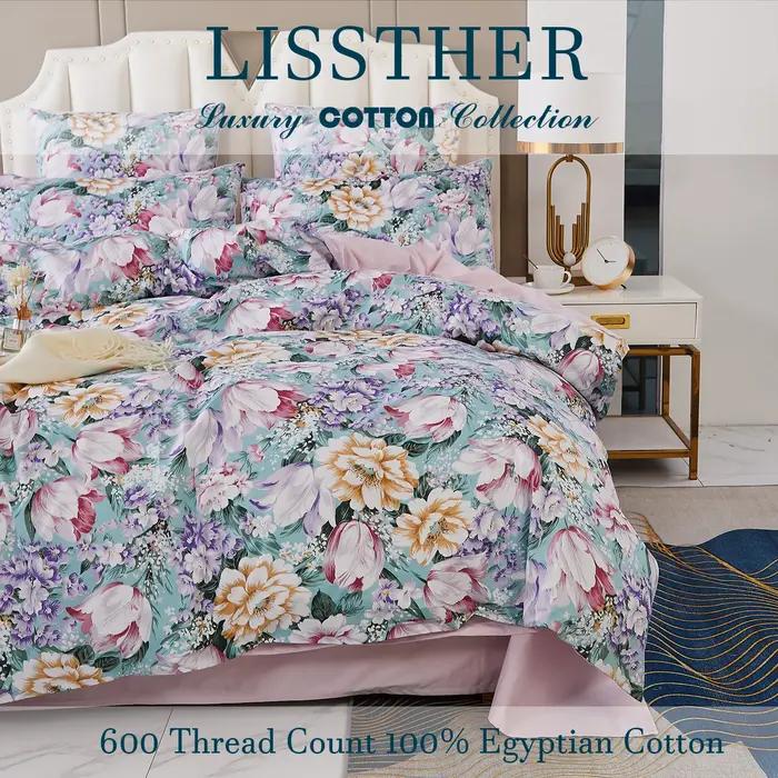 Ensemble de housse de couette 100% coton égyptien 600TC, 3 pièces, motif Floral de jardin rose paste