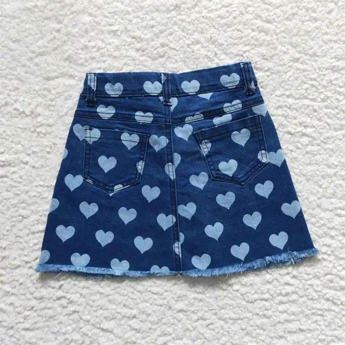 Jupe jean à poches pour enfants, élastique, réglable, amour, bébé fille, été, fermeture éclair, bleu